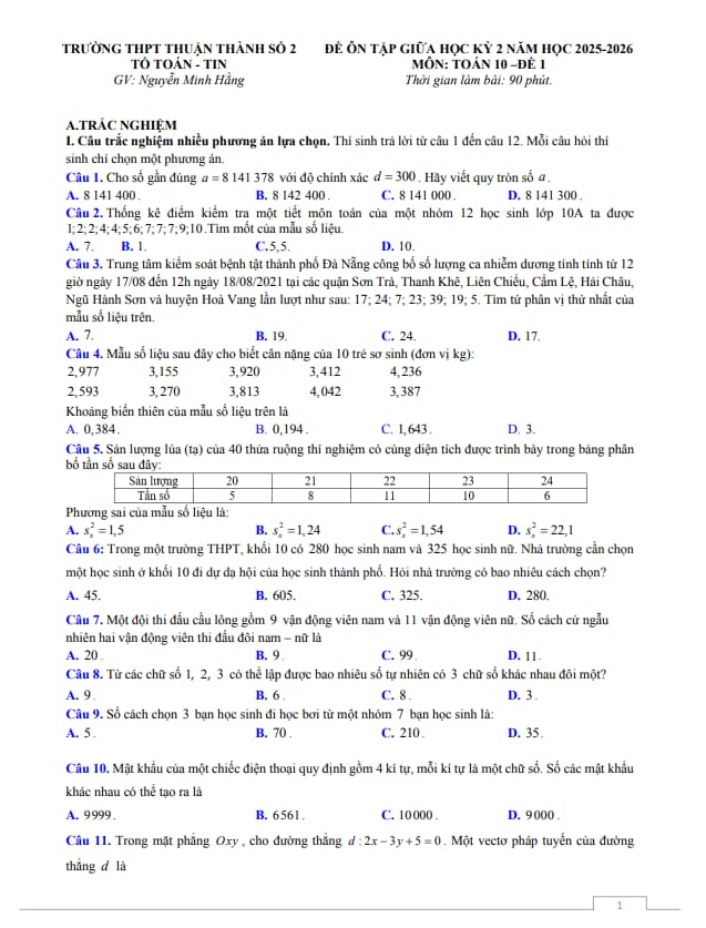 đề ôn tập giữa kỳ 2 toán 10 năm 2025 – 2026 trường thpt thuận thành 2 – bắc ninh