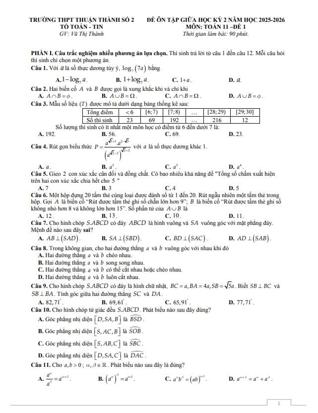 đề ôn tập giữa kỳ 2 toán 11 năm 2025 – 2026 trường thpt thuận thành 2 – bắc ninh