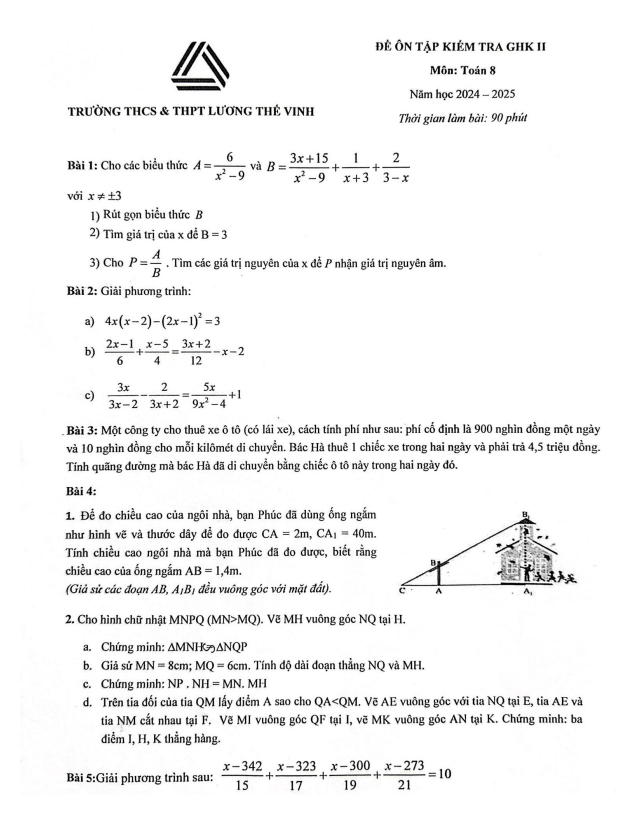 đề ôn tập gk2 toán 8 năm 2024 – 2025 trường lương thế vinh – hà nội