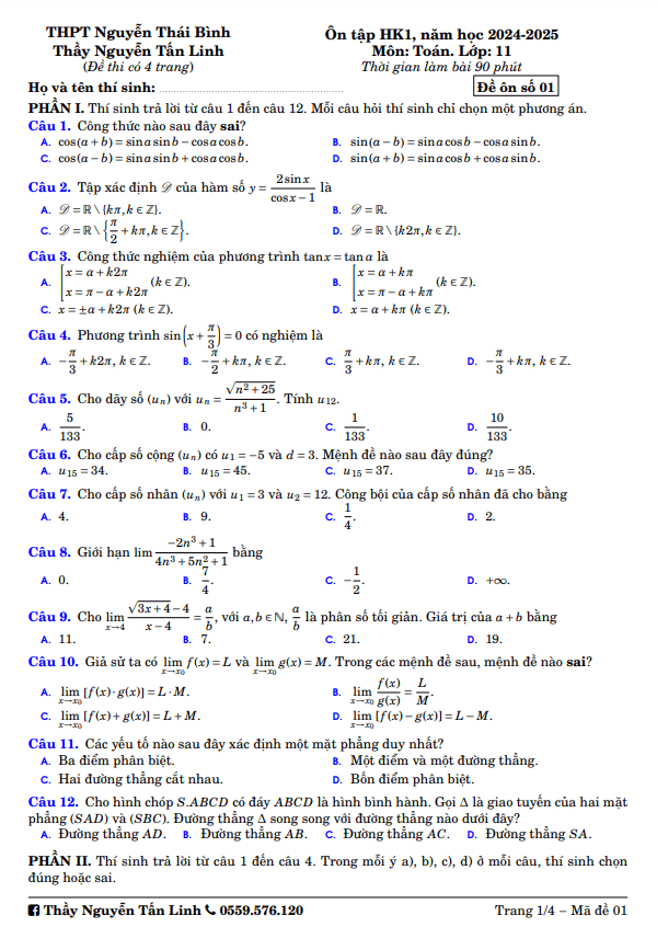 đề ôn tập hk1 toán 11 năm 2024 – 2025 trường thpt nguyễn thái bình – tp hcm