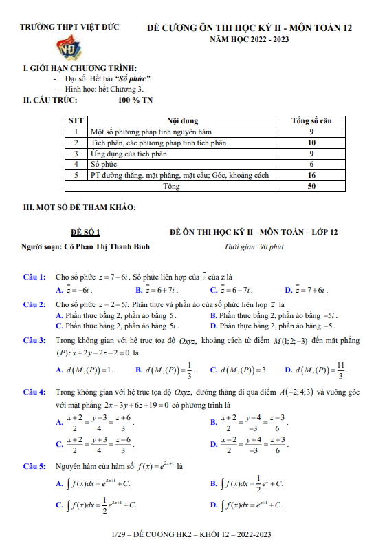 đề ôn tập học kì 2 toán 12 năm 2022 – 2023 trường thpt việt đức – hà nội