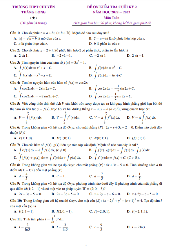 đề ôn thi cuối kỳ 2 toán 12 năm 2022 – 2023 trường chuyên thăng long – lâm đồng