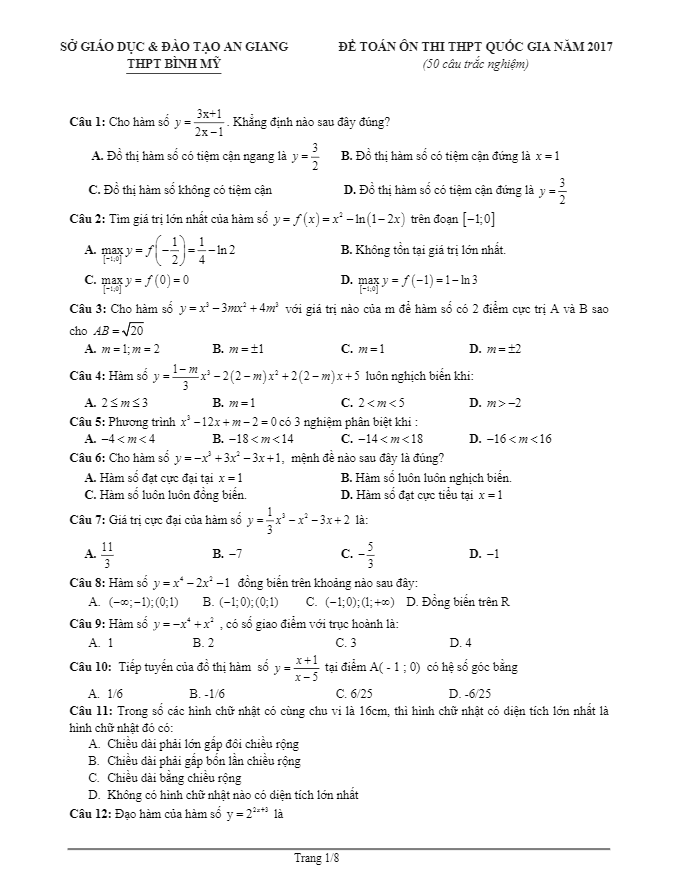 đề ôn thi thpt quốc gia 2017 môn toán trường thpt bình mỹ – an giang