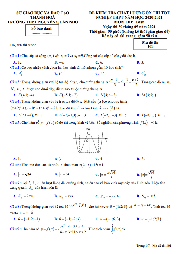 đề ôn thi tn thpt 2021 môn toán trường thpt nguyễn quán nho – thanh hóa