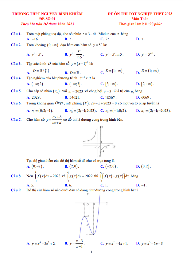 đề ôn thi tn thpt 2023 môn toán trường thpt nguyễn bỉnh khiêm – gia lai