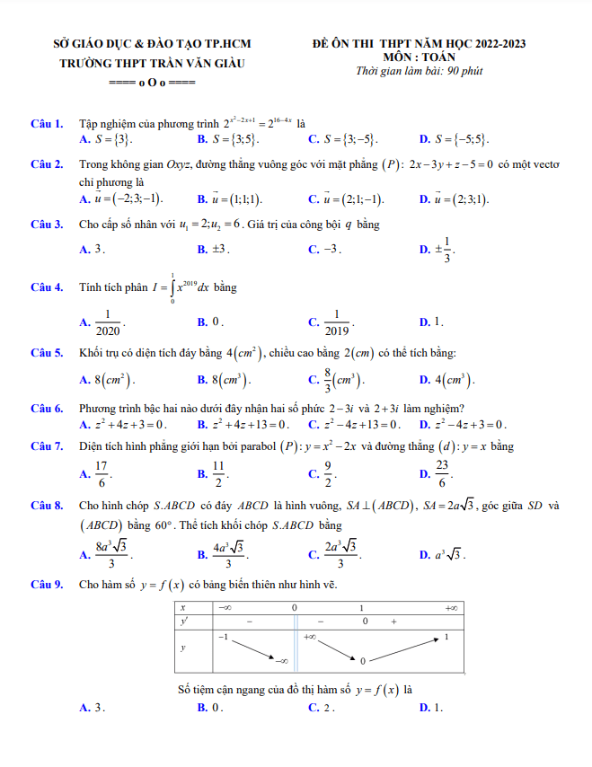 đề ôn thi tn thpt 2023 môn toán trường thpt trần văn giàu – tp hcm