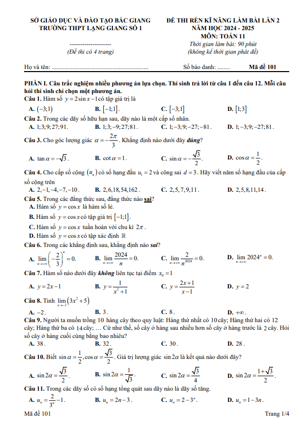 đề rèn kĩ năng làm bài lần 2 toán 11 năm 2024 – 2025 thpt lạng giang 1 – bắc giang