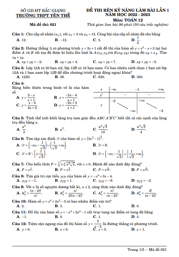 đề rèn kỹ năng làm bài toán 12 lần 1 năm 2022 – 2023 thpt yên thế – bắc giang