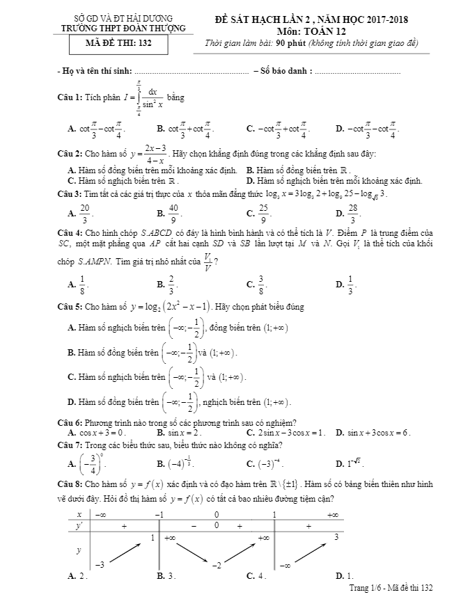 đề sát hạch toán 12 năm học 2017 – 2018 trường thpt đoàn thượng – hải dương lần 2