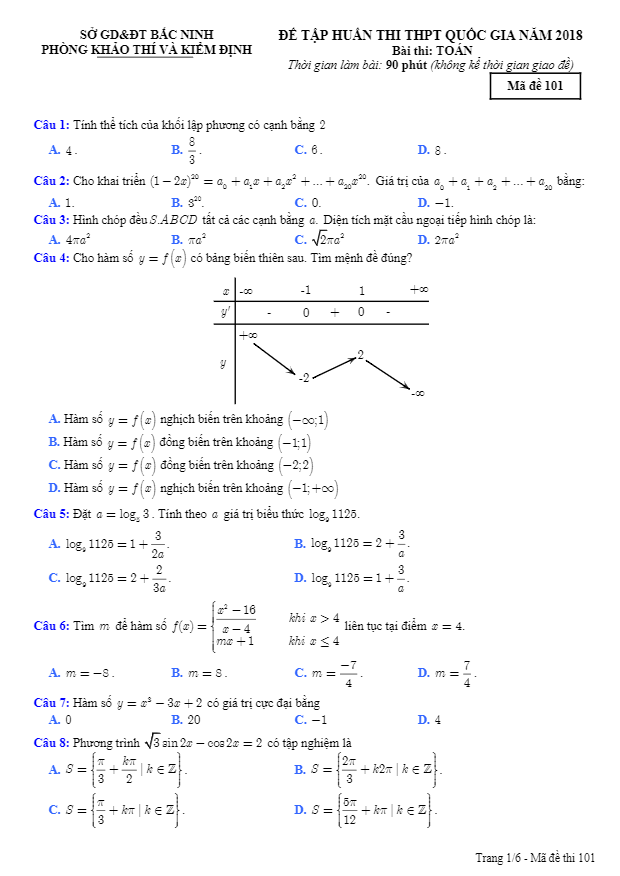 đề tập huấn thi thpt quốc gia 2018 môn toán sở gd và đt bắc ninh