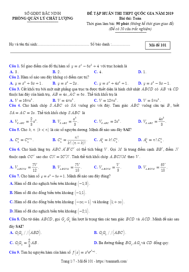 đề tập huấn thi thpt quốc gia 2019 môn toán sở gd&đt bắc ninh