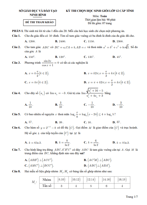 đề tham khảo chọn hsg tỉnh toán 12 năm 2025 – 2026 sở gd&đt ninh bình