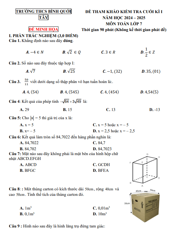 đề tham khảo cuối kì 1 toán 7 năm 2024 – 2025 phòng gd&đt bình thạnh – tp hcm