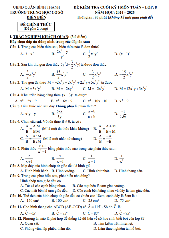 đề tham khảo cuối kì 1 toán 8 năm 2024 – 2025 phòng gd&đt bình thạnh – tp hcm