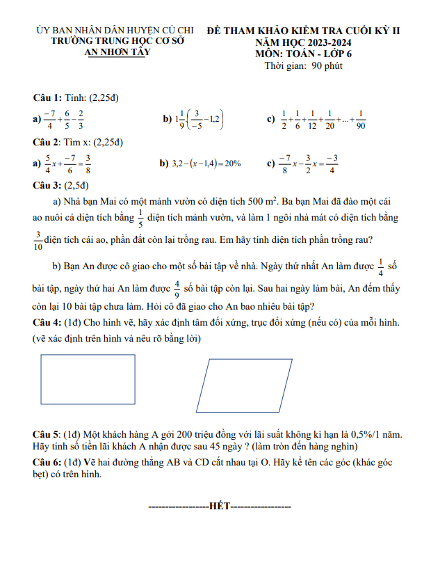 đề tham khảo cuối kì 2 toán 6 năm 2023 – 2024 phòng gd&đt củ chi – tp hcm
