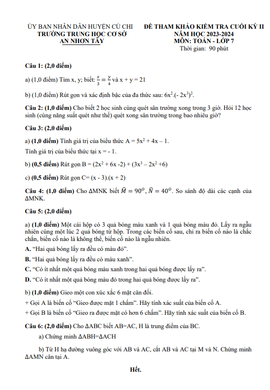 đề tham khảo cuối kì 2 toán 7 năm 2023 – 2024 phòng gd&đt củ chi – tp hcm