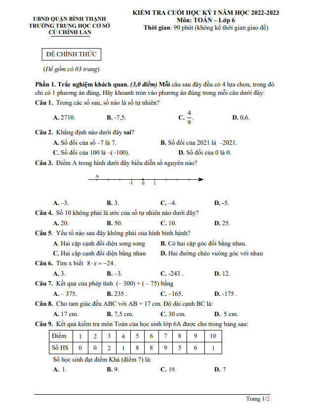 đề tham khảo cuối kỳ 1 toán 6 năm 2022 – 2023 trường thcs cù chính lan – tp hcm