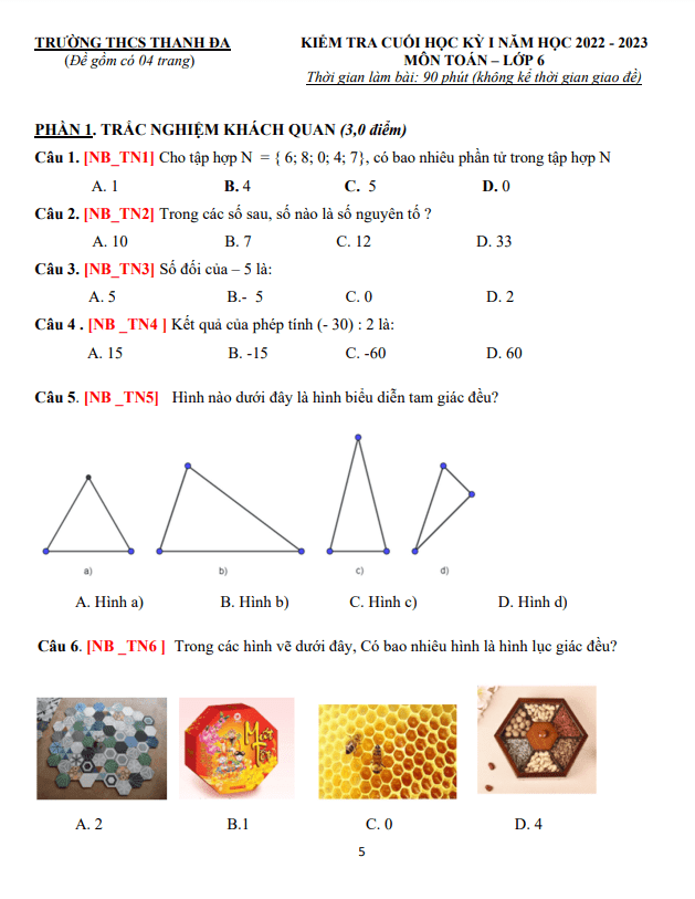 đề tham khảo cuối kỳ 1 toán 6 năm 2022 – 2023 trường thcs thanh đa – tp hcm
