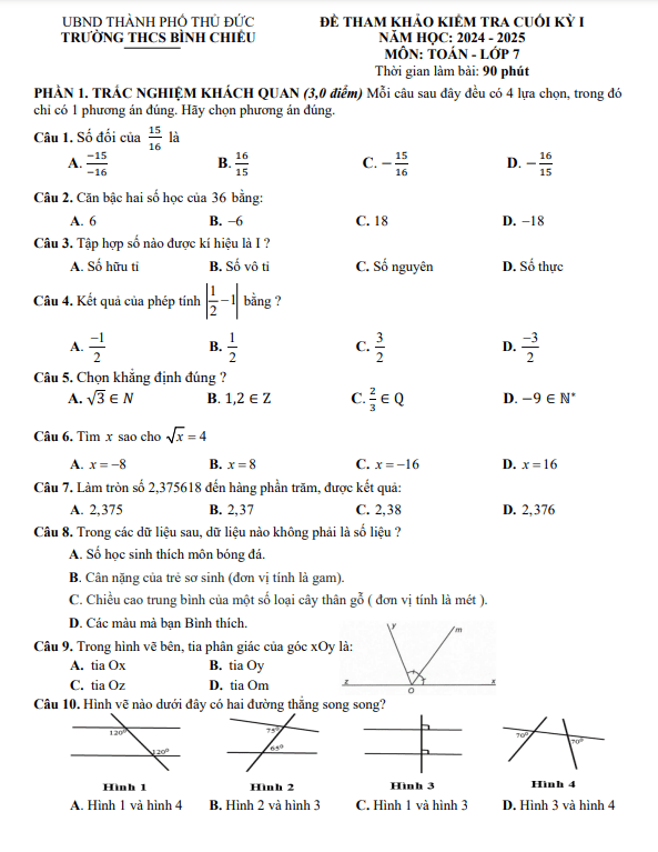 đề tham khảo cuối kỳ 1 toán 7 năm 2024 – 2025 phòng gd&đt thủ đức – tp hcm
