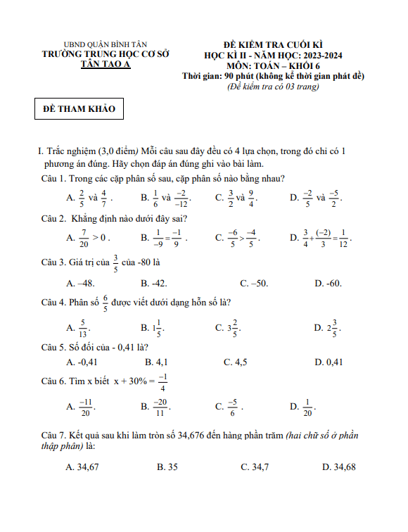 đề tham khảo cuối kỳ 2 toán 6 năm 2023 – 2024 phòng gd&đt bình tân – tp hcm