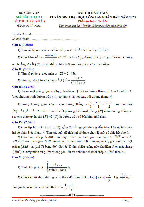 đề tham khảo đánh giá tuyển sinh đại học công an nhân dân năm 2023 môn toán
