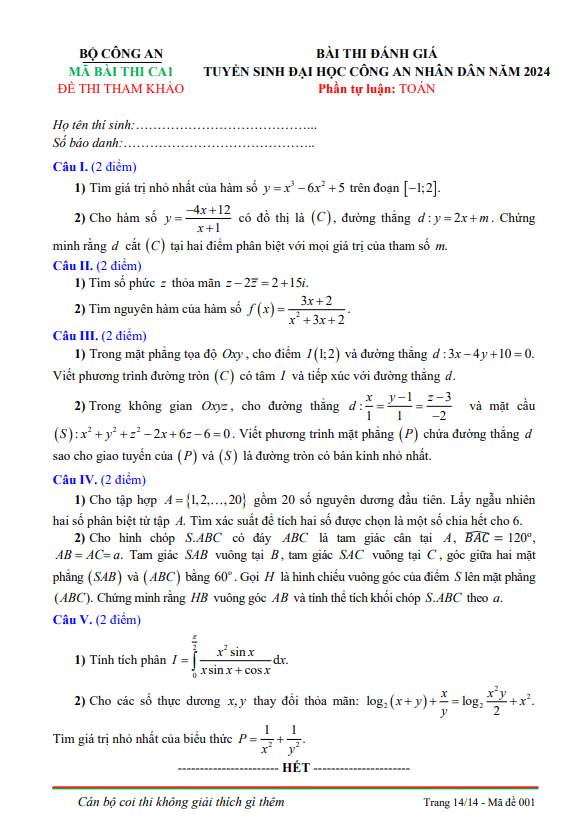 đề tham khảo đánh giá tuyển sinh đại học công an nhân dân năm 2024 môn toán