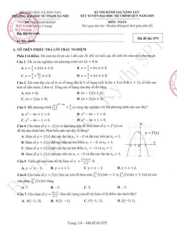 đề tham khảo đgnl môn toán xét tuyển đại học 2025 trường đhsp hà nội