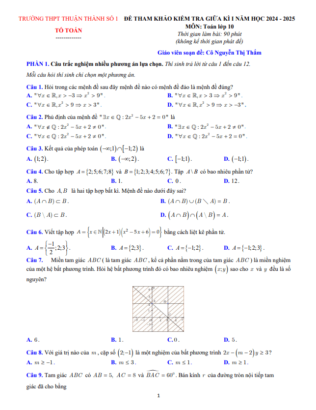 đề tham khảo giữa kì 1 toán 10 năm 2024 – 2025 trường thpt thuận thành 1 – bắc ninh