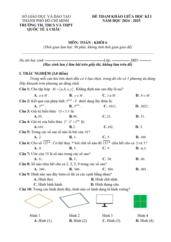 đề tham khảo giữa kì 1 toán 6 năm 2024 – 2025 phòng gd&đt quận 3 – tp hcm