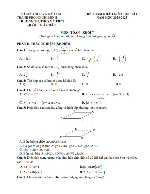 đề tham khảo giữa kì 1 toán 7 năm 2024 – 2025 phòng gd&đt quận 3 – tp hcm
