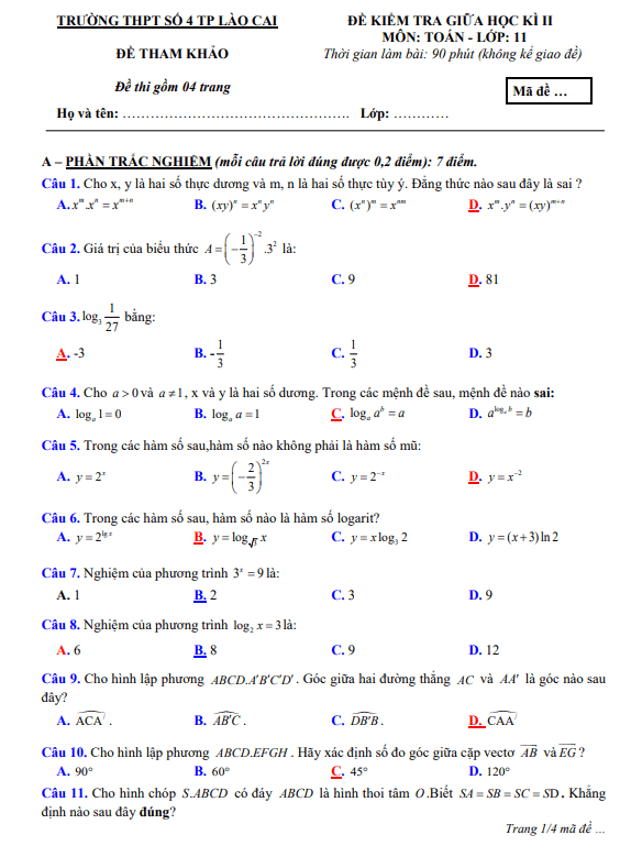 đề tham khảo giữa kì 2 toán 11 ctst năm 2023 – 2024 trường thpt số 4 tp lào cai