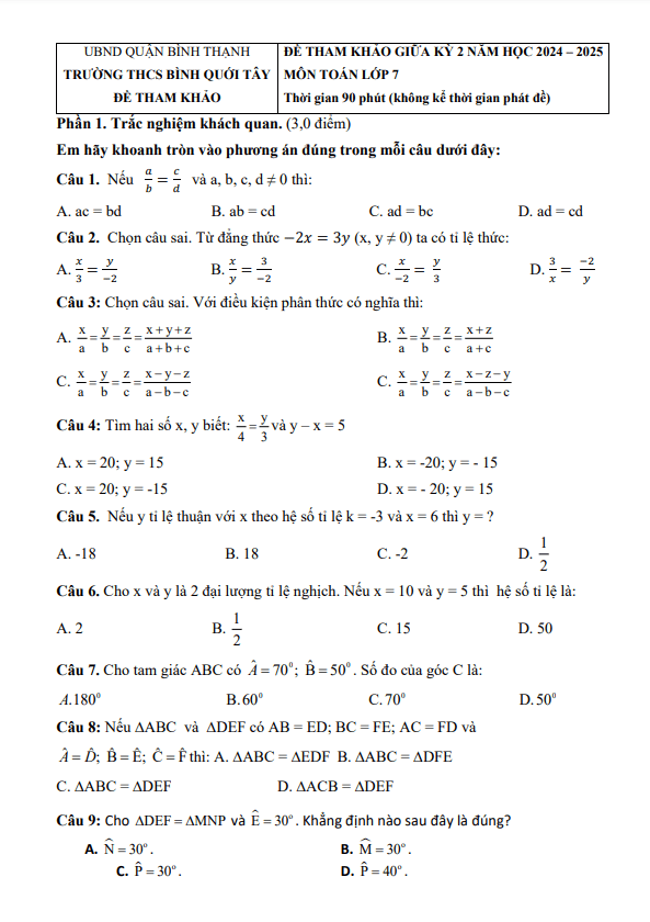 đề tham khảo giữa kì 2 toán 7 năm 2024 – 2025 phòng gd&đt bình thạnh – tp hcm