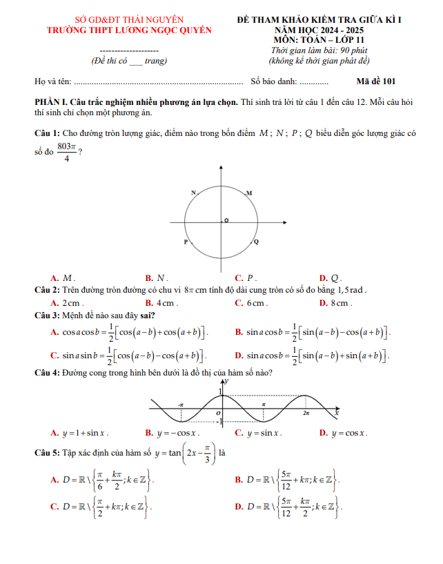 đề tham khảo giữa kỳ 1 toán 11 năm 2024 – 2025 trường thpt lương ngọc quyến – thái nguyên