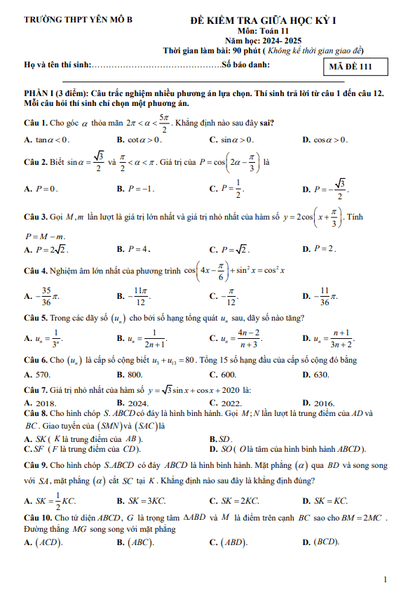 đề tham khảo giữa kỳ 1 toán 11 năm 2024 – 2025 trường thpt yên mô b – ninh bình