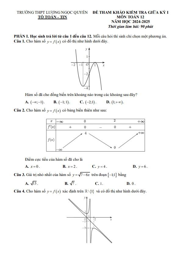 đề tham khảo giữa kỳ 1 toán 12 năm 2024 – 2025 trường thpt lương ngọc quyến – thái nguyên