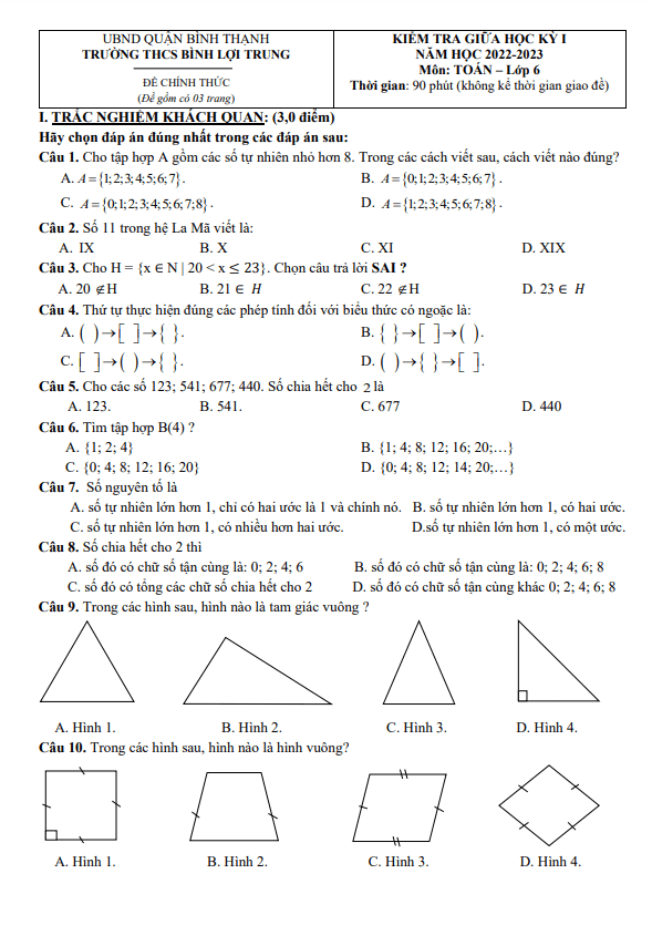 đề tham khảo giữa kỳ 1 toán 6 năm 2022 – 2023 trường thcs bình lợi trung – tp hcm