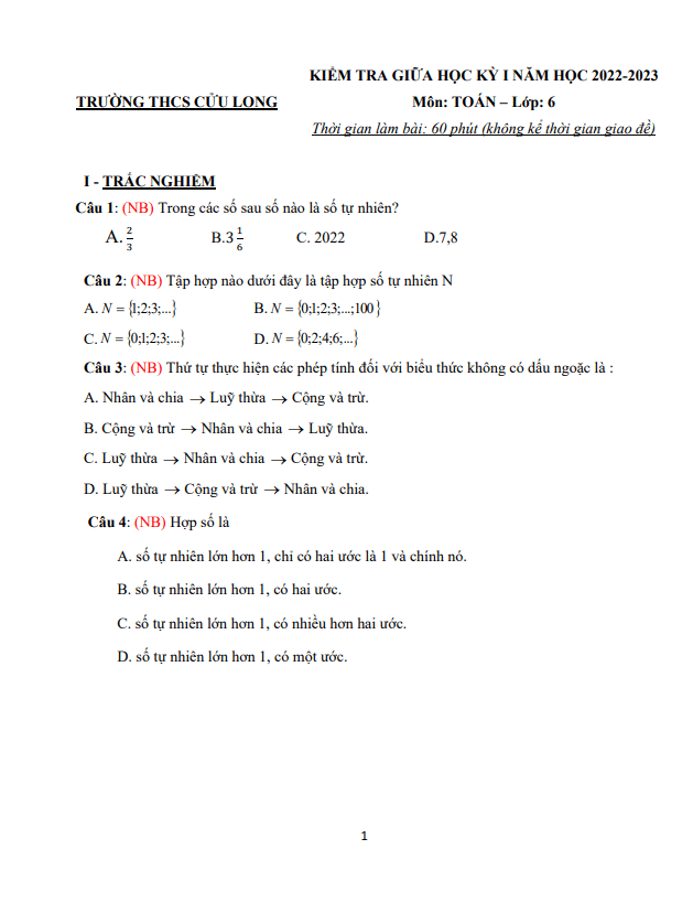 đề tham khảo giữa kỳ 1 toán 6 năm 2022 – 2023 trường thcs cửu long – tp hcm