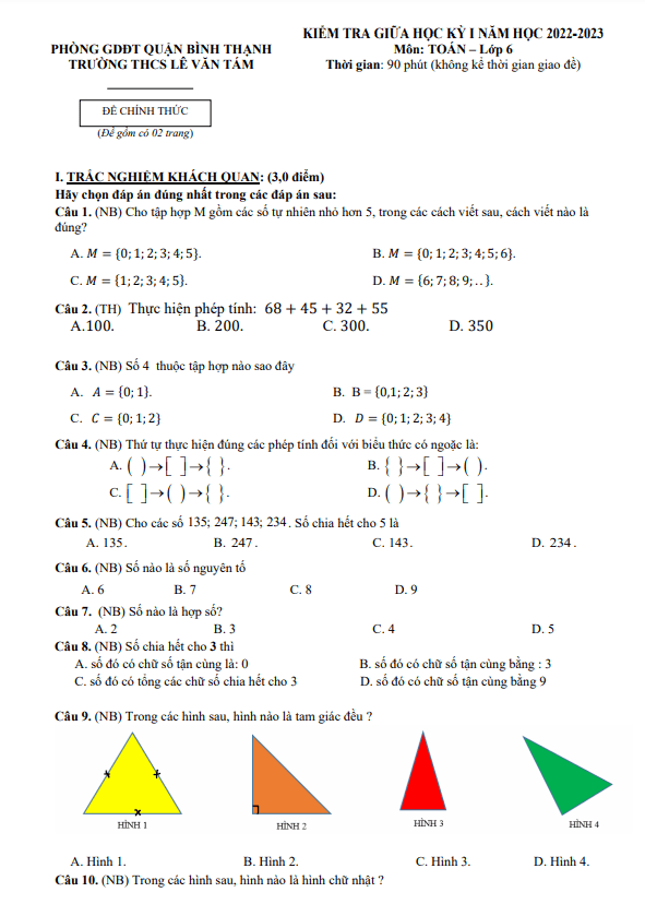 đề tham khảo giữa kỳ 1 toán 6 năm 2022 – 2023 trường thcs lê văn tám – tp hcm