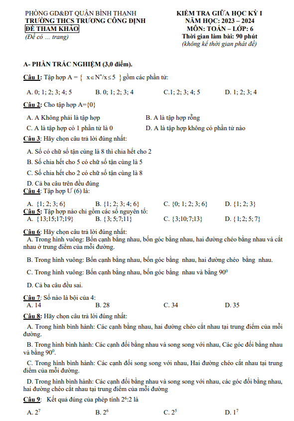 đề tham khảo giữa kỳ 1 toán 6 năm 2023 – 2024 trường thcs trương công định – tp hcm