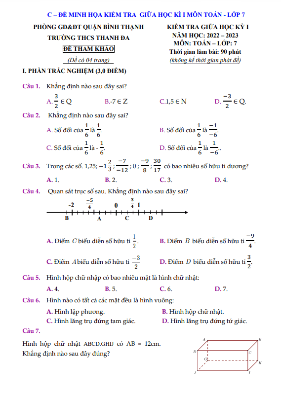 đề tham khảo giữa kỳ 1 toán 7 năm 2022 – 2023 trường thcs thanh đa – tp hcm
