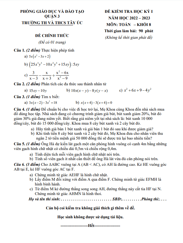 đề tham khảo học kì 1 toán 8 năm 2022 – 2023 trường th – thcs tây úc – tp hcm