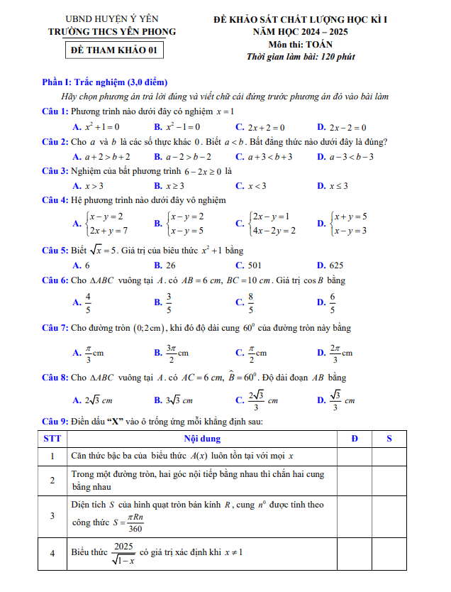 đề tham khảo học kì 1 toán 9 năm 2024 – 2025 trường thcs yên phong – nam định