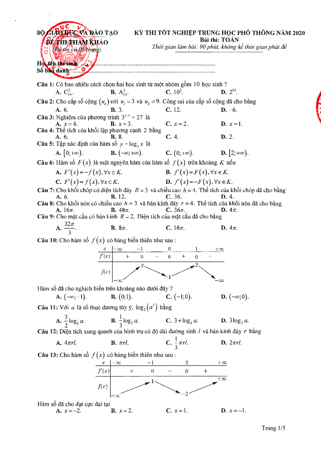 đề tham khảo kỳ thi tốt nghiệp thpt năm 2020 môn toán
