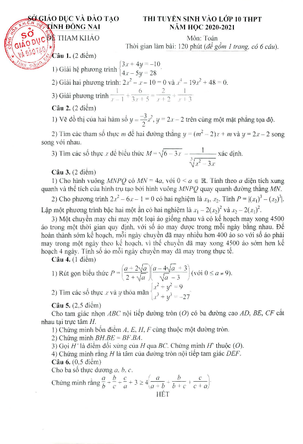 đề tham khảo môn toán tuyển sinh lớp 10 năm 2020 – 2021 sở gd&đt đồng nai