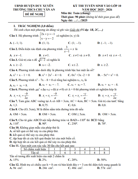 đề tham khảo thi vào 10 toán (chung) 2025 – 2026 phòng gd&đt duy xuyên – quảng nam