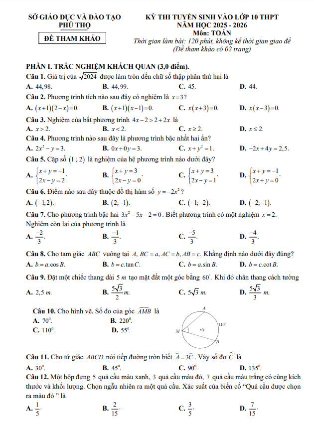 đề tham khảo tuyển sinh lớp 10 môn toán năm 2025 – 2026 sở gd&đt phú thọ