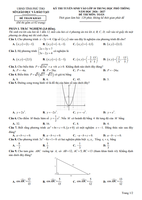 đề tham khảo tuyển sinh lớp 10 môn toán năm 2026 – 2027 sở gd&đt phú thọ
