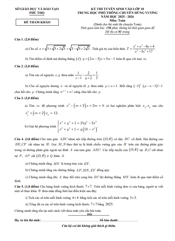 đề tham khảo tuyển sinh lớp 10 toán (chuyên) năm 2025 – 2026 thpt chuyên hùng vương – phú thọ