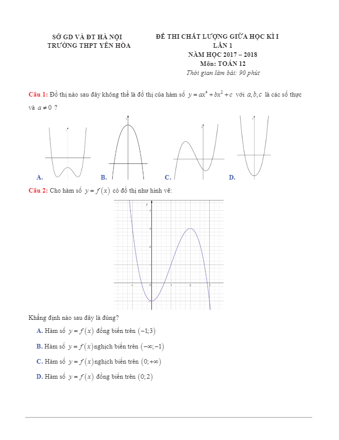 đề thi chất lượng giữa học kỳ i năm học 2017 – 2018 môn toán lớp 12 trường thpt yên hòa – hà nội