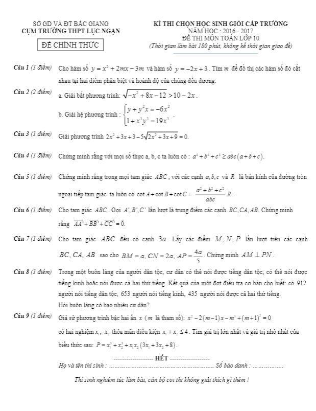 đề thi chọn học sinh giỏi toán 10 năm học 2016 – 2017 trường thpt lục ngạn – bắc giang